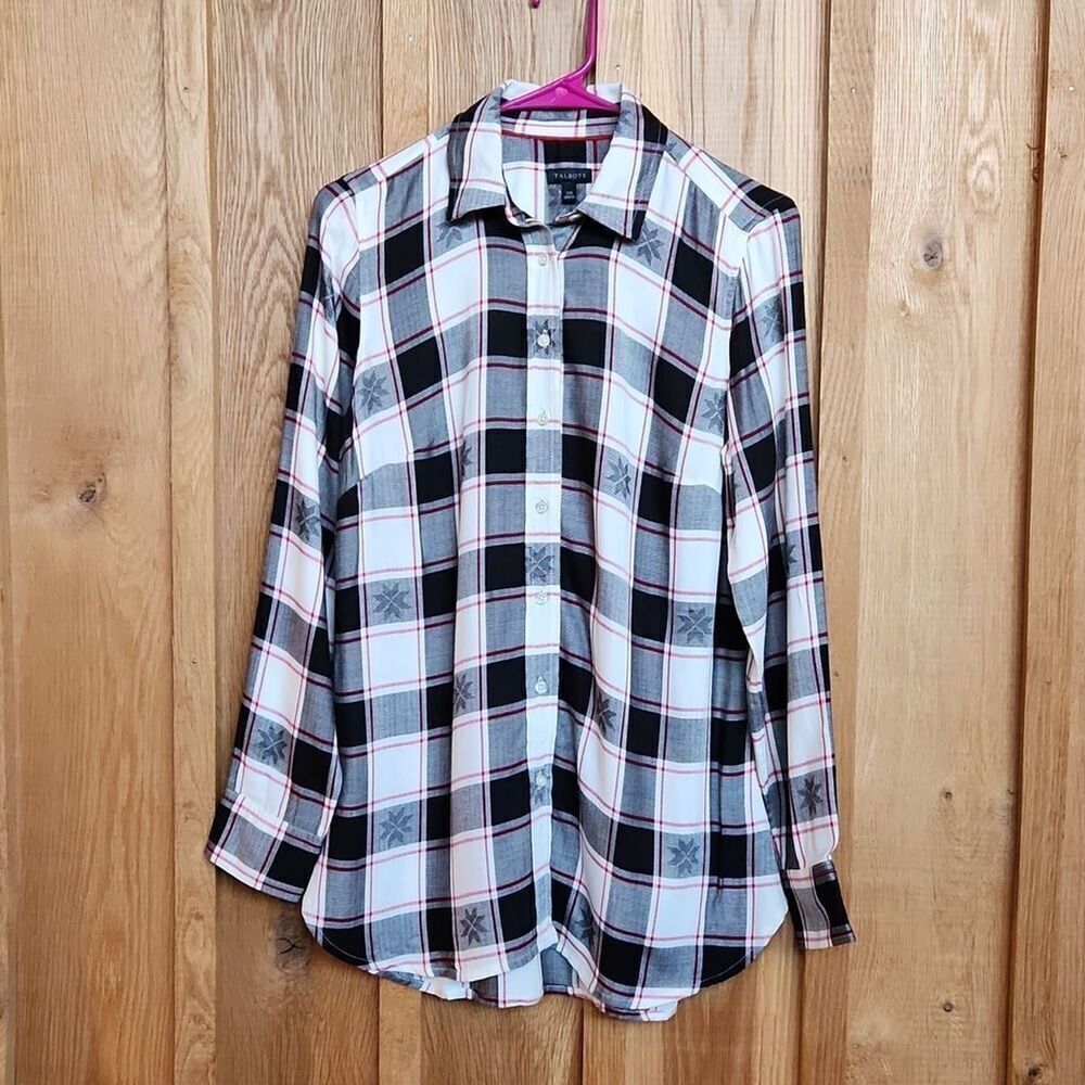 Talbots Long Sleeve Button Down Casual Tunic Shirt XS, Red, White, & Black Plaid
